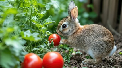 Adorable Rabbit Interacting with a Tomato Plant in a Garden Setting, Capturing the Charm of Nature and Wildlife