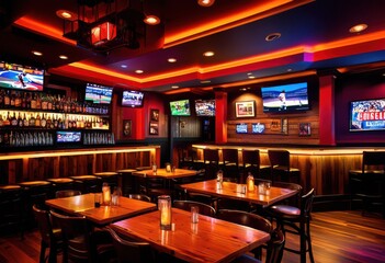 dynamic sports pub environment featuring lively decor elements energetic ambiance engaging experience, atmosphere, energy, vibrant, lighting, furniture