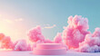 © Thiago - A dreamlike scene with fluffy pink clouds gathered around a minimalist pink podium under a soft blue sky, creating a fantasy atmosphere. Dreamlike. Illustration