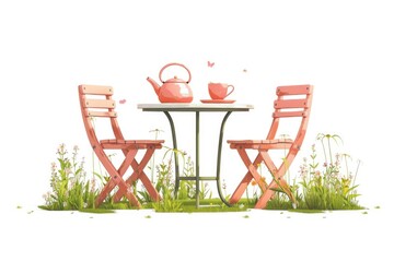 Wall Mural - A table with two chairs and a teapot, ideal for breakfast or tea party setting