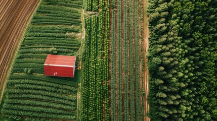 aerial view of two neighboring farms showcasing distinct crops and a vibrant barn in the rural lands