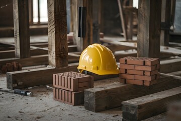 Yellow hard hat on wooden beams, reddish bricks, rustic construction site