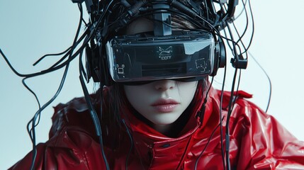 Sticker - A Person Wearing a Red Jacket and a Virtual Reality Headset with Cables