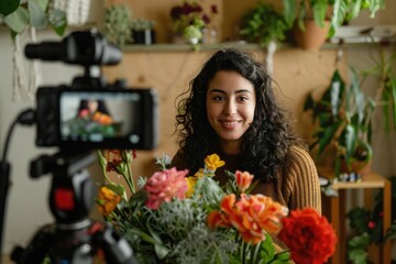 Wall Mural - A woman sits in front of a camera, holding a bouquet of flowers