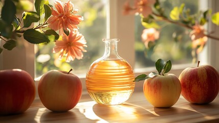 Apple cider vinegar bottle surrounded by apples and flowers on window sill