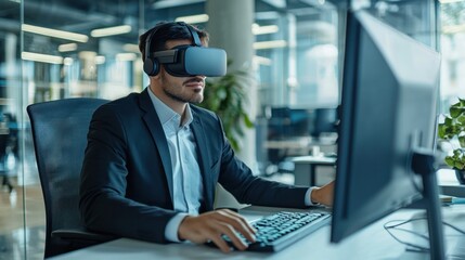 Sticker - Businessman wearing VR headset and using computer in office.