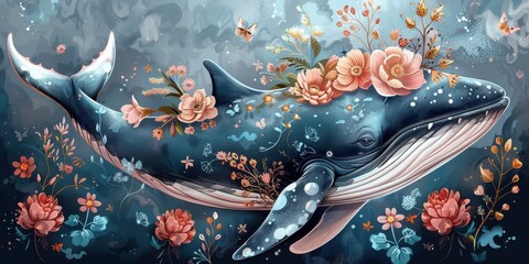 Wall Mural - Digital illustration of a whale adorned with colorful flowers and butterflies.