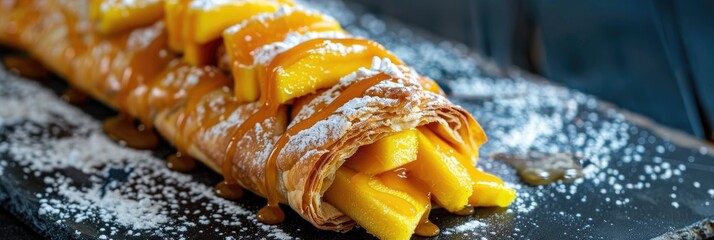 Sticker - Puff pastry stuffed with dulce de leche, topped with mango slices, drizzled with more dulce de leche, and sprinkled with powdered sugar.