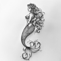 Wall Mural - A detailed tattoo of a mermaid with flowing hair and a fish tail.