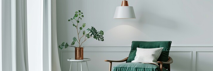 Wall Mural - Hanging white lamp above a table featuring a plant in a copper bucket, accompanied by a green retro armchair with a cushion in an empty living space.