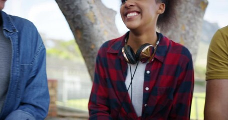 Sticker - Teenager group, school kids and talking on break, outdoor and happy together with diversity, relax or laughing. Girl, boy and conversation with community, youth culture or recess in summer sunshine