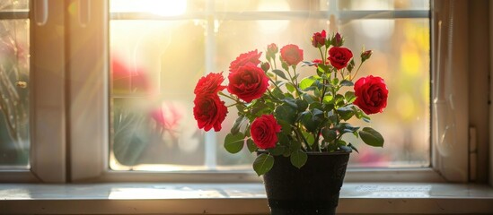 Wall Mural - Beautiful Red Roses In Pot Near Window Closeup