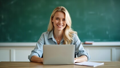 Radiant white blonde female teacher at desk with laptop for World Teachers' Day