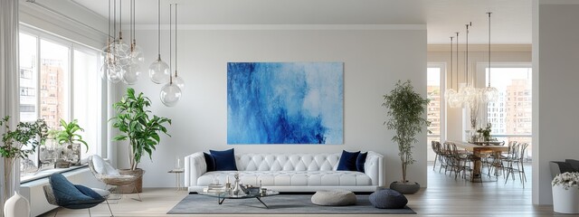 A modern and airy living room with minimalist furnishings, featuring a tufted white sofa with navy blue throw pillows, hanging pendant lights, a large abstract blue artwork on the wall, tall potted pl