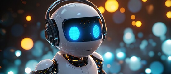 Wall Mural - White Robot with Headphones and Blue Eyes Against a Blurred Bokeh Background