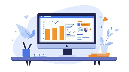 Strategic Online Campaign: Modern Office Desk, Computer Monitor, Website Analytics, Digital Marketing Insights, and Creative Workspace