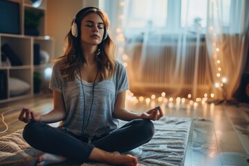 Wall Mural - A person sitting on the floor with headphones on, focused on her music