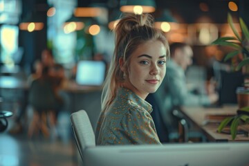 Sticker - A woman sitting at a desk with a laptop, ideal for office or education settings