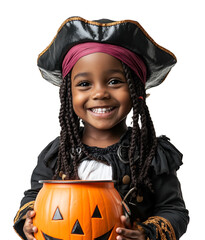 Wall Mural - Little Afro-African girl very happy in black pirate Halloween costume celebrating party, Isolated on Transparent Background, PNG