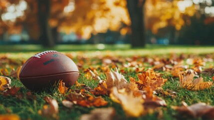 A brown football sits on a grassy field with fall leaves.