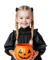 Wall Mural - Happy little blonde girl celebrating Halloween party in vampire costume, Isolated on Transparent Background, PNG