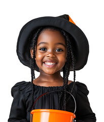 Wall Mural - Little happy afro girl celebrating Halloween party in witch costume with hat, Isolated on Transparent Background, PNG