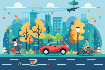 Wall Mural - A person riding a bike alongside a parked car, capturing the moment of freedom and transportation