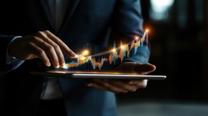 Wall Mural - Businessperson Holding Tablet with Holographic Growth Chart