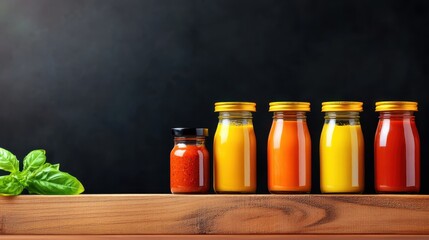 Wall Mural - Variety of Colorful Sauces in Glass Jars and Bottles Displayed on Wooden Shelf with Copy Space.