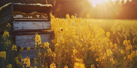 Canvas Print - Beehives next to a field of canola