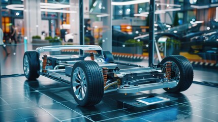 Electric car chassis with battery pack being displayed at exposition center