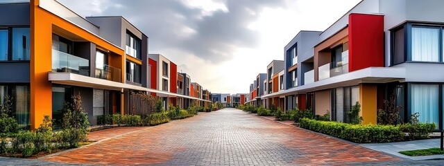 A panoramic view of a modern row of colorful townhouses, suburban residential architecture with a contemporary design, lush green landscaping, cloudy blue sky, red brick facades with large windows, ba