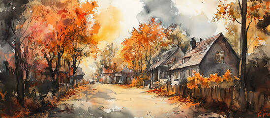 Autumn leaves village road scenery painting, Ai generated Images