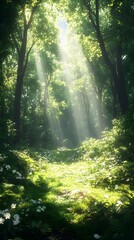 Sunlight streams through the lush green canopy of a forest, illuminating the forest floor with a magical glow.