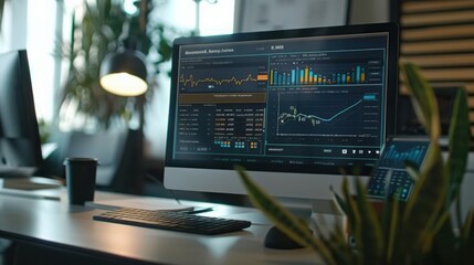Wall Mural - computer on desk displaying stock market data visualizations in office at night