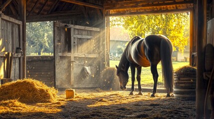 Sticker - A serene horse stands in a rustic barn illuminated by soft sunlight. The atmosphere is calm, filled with hay and natural beauty. This image captures the essence of farm life and tranquility. AI