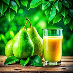 Ripe , juicy pear and beautiful glass of pear juice,