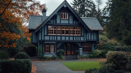 A charming, two-story house with a traditional design, surrounded by fall foliage. The house features a steep roof, multiple windows, and a front porch with a stone walkway.