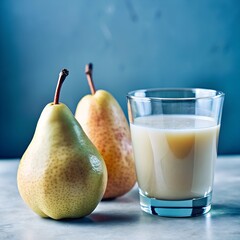 Ripe , juicy pear and beautiful glass of pear juice,