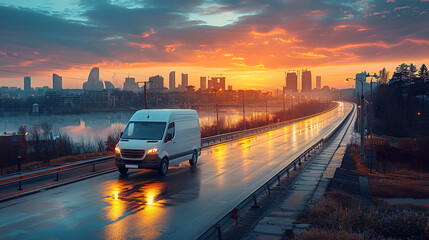 Wall Mural - White modern delivery small shipment cargo courier van moving fast on motorway road to city