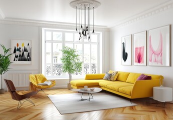 Bright Modern Living Room with Yellow Sofa and Armchair, Parquet Flooring, Large Window, and Three Hanging Pictures on White Walls, 3D Rendering in High Resolution