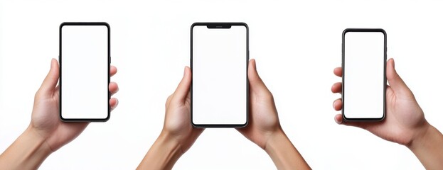 Wall Mural - Three Hands Holding Mobile Phones with Blank Screens Against White Background, Captured from Multiple Angles in High-Resolution Hyper-Realistic Style