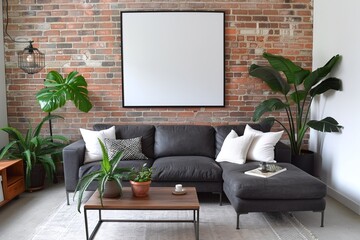 Modern industrial living room with gray sectional sofa, green plants, and blank frame on brick wall, perfect for home decor, marketing materials, and banner backgrounds with copy space.