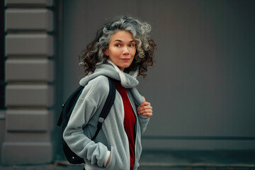 Wall Mural - A woman with gray hair and a gray jacket is smiling