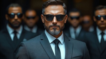 a polish businessman stands confidently in front of his team of bodyguards, all wearing sunglasses a