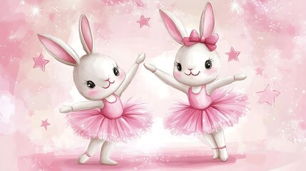 Two adorable bunnies dressed as ballerinas, with pink tutus and bows, dance on a sparkling pink background with stars.