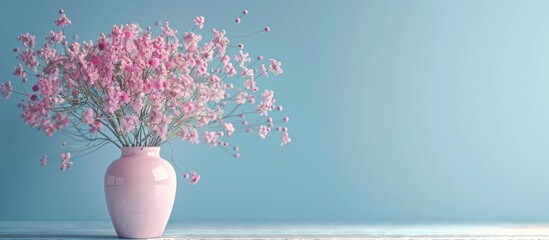 Wall Mural - beautiful dyed gypsophila flowers in pink vase on white wooden table against light blue background s