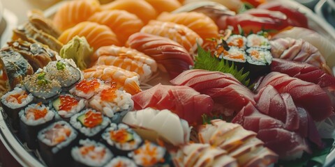 Delicious assortment of sushi fresh raw fish high quality seafood fragrant rice and succulent tuna sashimi