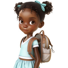 3D Black Girl with School Bag on Transparent Background