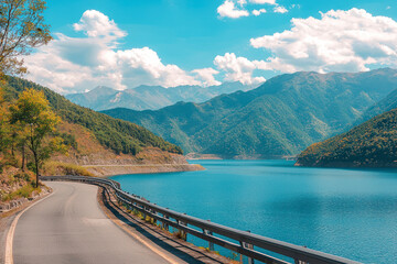 Asphalt highway road and blue lake with mountain nature landscape under blue sky.